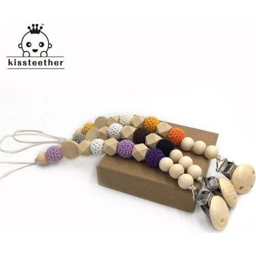 3pcs/lot Nursing Geometric Wooden Teether Crochet Beads Pacifier Clip Dummy Holder Natural Color Silk Cord Baby Teether Gift
