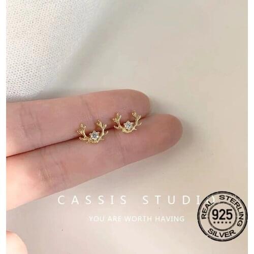 925 Sterling Silver Earrings For Women Gold Zircon Crystal Elk Antler Cuet Fashion Korean Personality Simple Girl Jewelry INEFFA