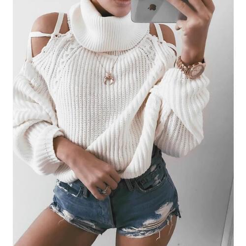 AECU Turtleneck Sweaters Pullovers Women Sweater Open Shoulder Femme Sweaters White Pull Sexy Knitting Pullovers Jumpers 2021