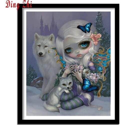 Big Eyes Cartoon Girl And Wolf DIY Diamond Embroidery Mosaic 3D Diamond Painting Cross Stitch Crafts Full Square Round Wall Art