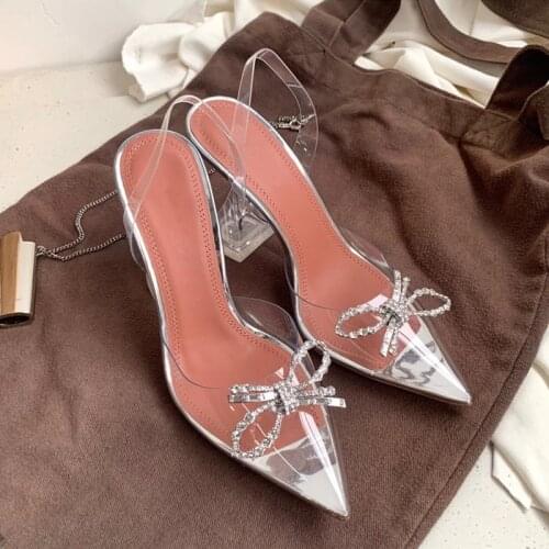 2021 Summer New Bow Sandals Womens Crystal Transparent Rhinestone High Heels Stiletto Heel