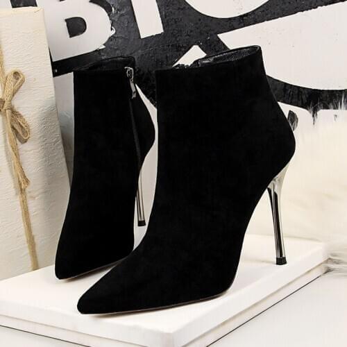 Size 34-40 Winter Flock Leather Women Black Boots Pointed Short Boots Slim Zip Woman Boots High Heels Ladies Fashion Ankle Boots