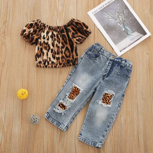 2 Pieces Kids Suit Set Leopard Print Round Neck Short Sleeve Tops Ripped Jeans For Girl 18 Months-6 Years
