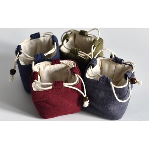 Square Bottom Thicken Linen Jewelry Travel Pouch Cloth Drawstring Bags Cotton filled Portable Small Cup Tea Set Storage Pouch