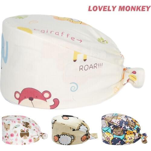 Surgicals Hats 100% Cotton Monkey Printing Adjustable Nurse Cap Lab Beauty Salon Pet Shop Working Accessories Nursing Scrub Caps