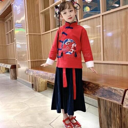 Boy Girls Chinese Traditional New Year Clothes Kid Crane Carp Embroidery Hanfu Tang Suit Men Red Jackets Pants Women Qipao Dress