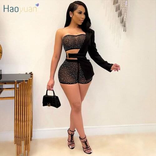 HAOYUAN Mesh Sheer Rhinestone 3 Piece Set Sexy Club Outfits for Women Festival Clothing Crop Top Biker Shorts Coat Matching Sets