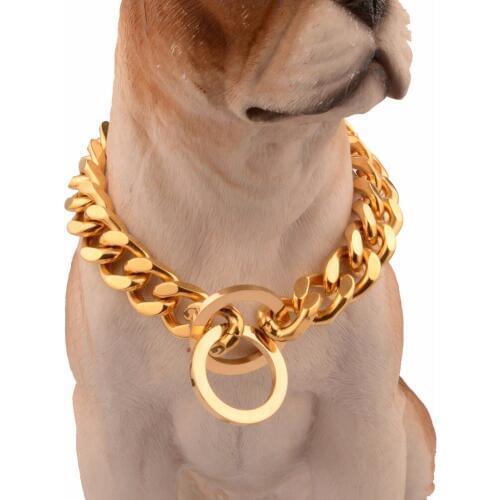 Cool Gold Stainless Steel Training Dog Collar 16mm Wide 12-32Inch long Fancy Chain Dog Choke Collar Best for Large Dogs