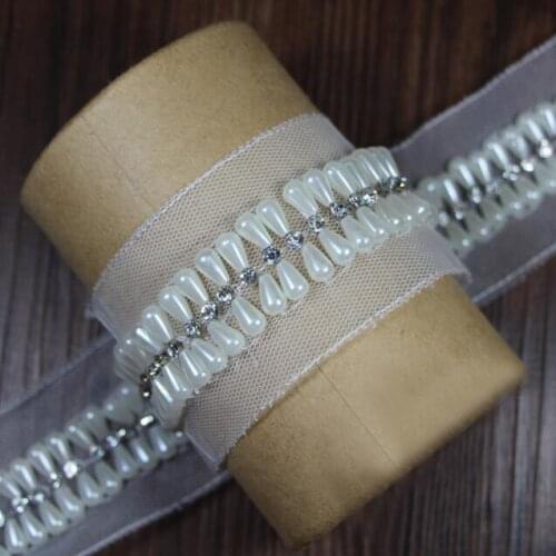 2yds Pearl Beading Lace Trim Embroidered Rhinestones Crystal Applique Mesh Lace Ribbon Belt Sewing For Wedding Dress Accessories