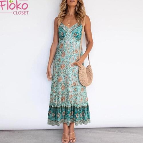 Flokocloset Summer Bohemian Spaghetti Strap Floral Dress Sexy V-Neck Maxi Dress for Women Party Beach Style