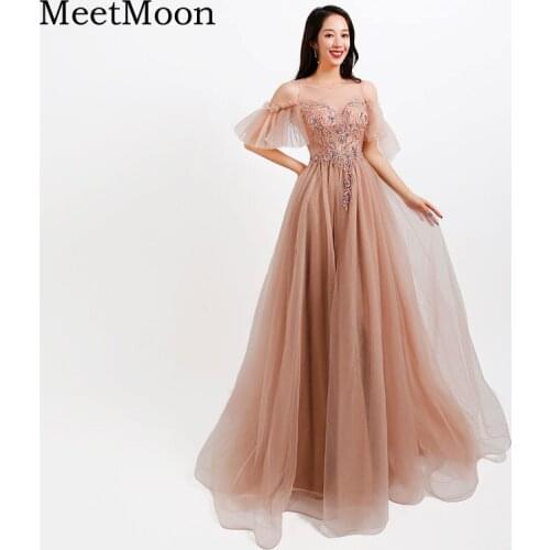 MeetMoon Evening Dresses Pageant 2020 New Illusion Beaded QUINCEAÑERA Dress Long Formal Evening Party Prom Ball Gown Debutante
