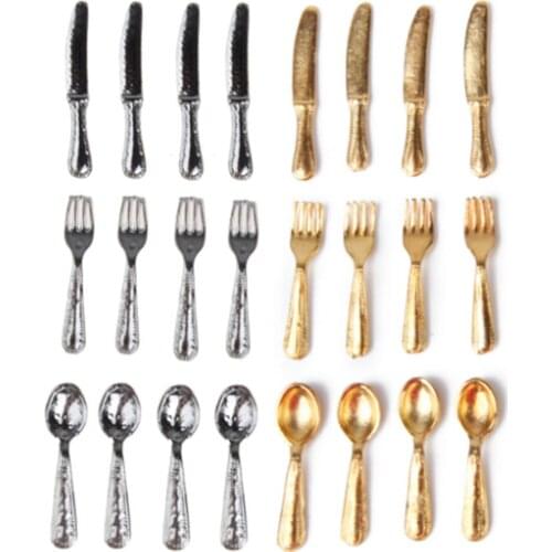 12PCS Stainless Steel Tableware Set Classic Pretend Play Kitchen Furniture Toy for Children Doll 1/12 Dollhouse Miniature