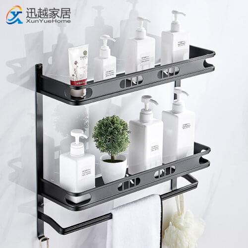 Shampoo Shelves Square Stand 39-49CM Aluminum Wall Mounted Hanger Black Silver 1-2 Layer Storage Rack Bathroom Fixture 00BS0201