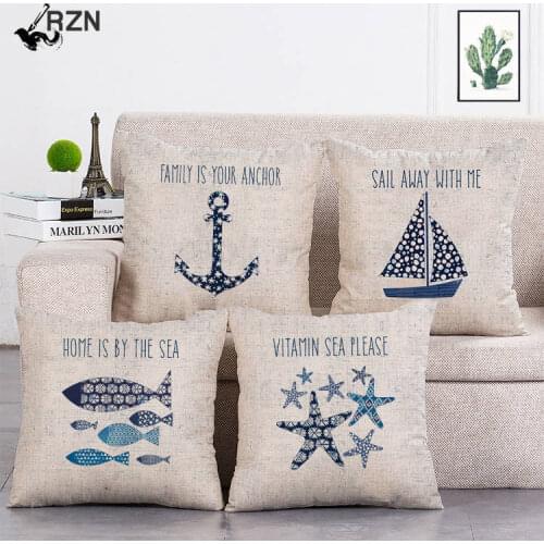 Navigation Nautical Throw Pillow Cover Beach Anchor Cushion Cover Fish Cotton Linen Decoration Life buoy Pillowcase 45x45cm