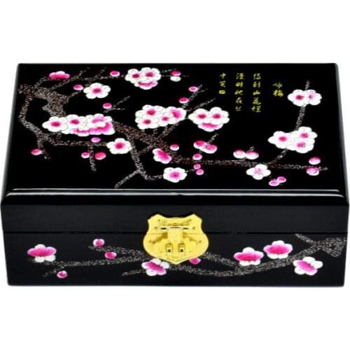 NEW Chinese handmade classic wooden lacquer & plum blossom jewelry box 2 layers