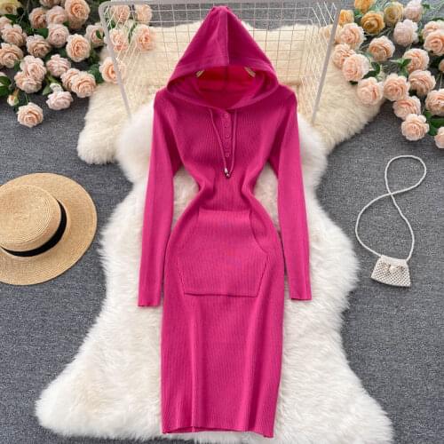 Solid Pullover Midi Long Sleeve Pockets Ribbed Dress High Waist Hat Vestidos De Mujer Maxi Casual Black Robe Knitting Clothing