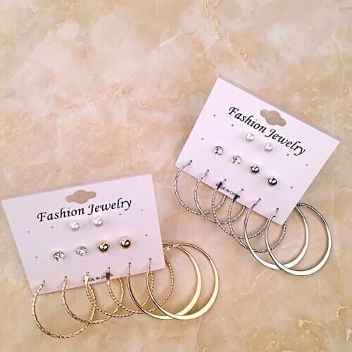 Ear studs 6 pairs board pearl set large ring personality earrings CCB personality gold and rings
