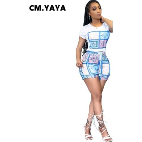 CM.YAYA Women Set Print Short Sleeve O-neck Tops Pockets Bandage Sashes Shorts Two 2 Piece Sets Active Tracksuit Summer Outfits