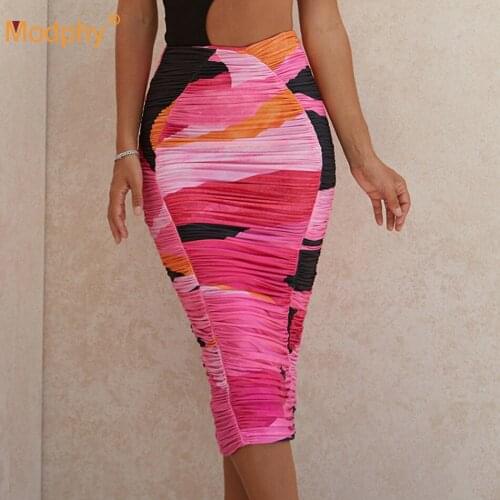 Sexy Pleated Pencil Knee-Length Skirt 2020 Autumn New WomenS Elegant High Waist Printed Mesh Stitching Celebrity Party Skirt