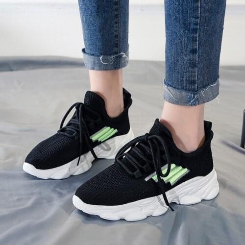 Air Cushion Women Sport Shoes Breathable Flying Weaving Sneakers White Height Increasing Running Shoes Sock Platform Big Size 42