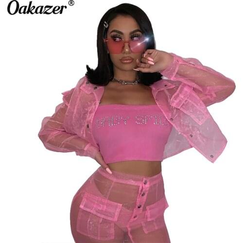 Oakazer Summer Women Pink Organza Mesh Sexy Sets Two Piece Set Jacket and Skirt Fashion Club Outfits Cute Female Matching Sets
