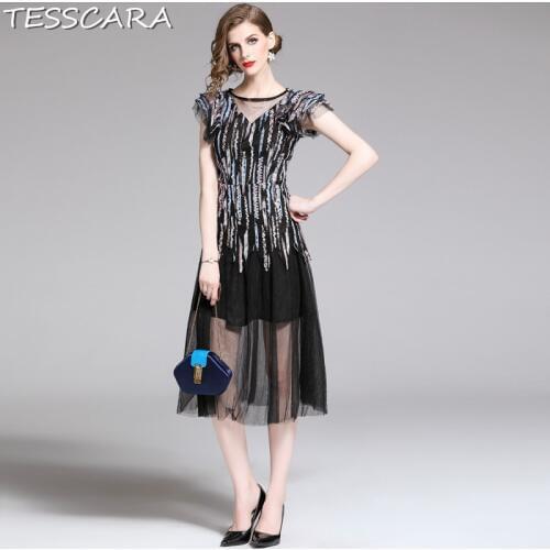 TESSCARA Women Summer Luxury Sequin Mesh Dress Female Long Elegant Wedding Party Robe Femme Designer High Quality Lace Vestidos