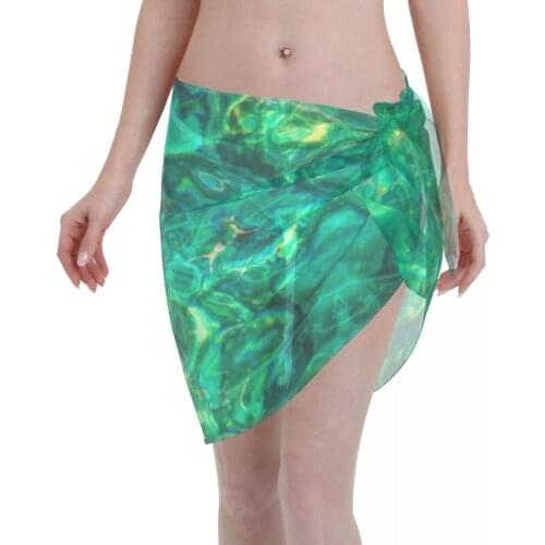 Women See-Through Beach Bikini Cover Up Wrap Scarf Swimwear Pareo Sarong Dress Turquoise Blue Ripples Casual Beach Dress