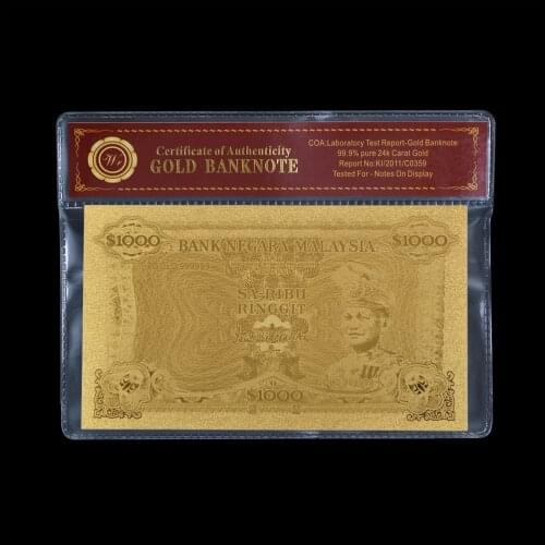 Gold Paper Money Banknote Malaysia 1000 Ringgit Plated Gold 99999 Money Bill