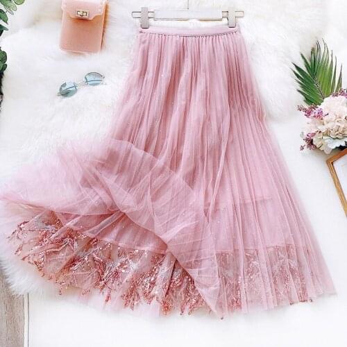 2020 Spring Summer Skirts Women Korea Long Tulle Skirt Sequined Pleated A Line Midi Skirt Chic High Waist Pink Skirt Female