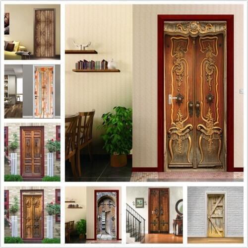 3D Retro Door Sticker Self-adhesive Waterproof Home DIY Wallpaper For Living Room Bedroom Wood Doors Decor Refurbish deursticker
