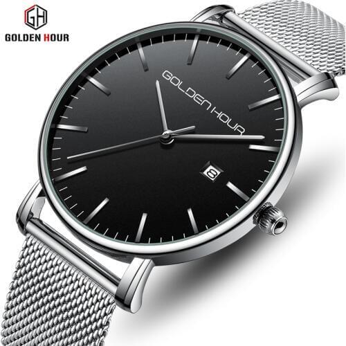 GOLDENHOUR Men Watch Top Luxury Brand Mens Fashion Simple Business Quartz Watches Stainless Steel Waterproof Date Wristwatch