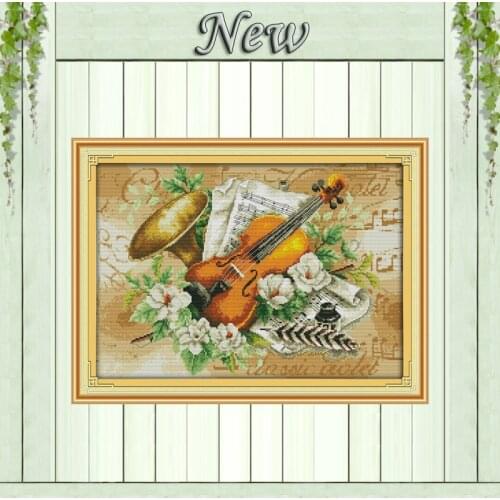 Flowers and the violin,11CT pattern printed on Canvas DMC 14CT Cross Stitch Embroidery kit,Needlework Set,House Home wall Decor
