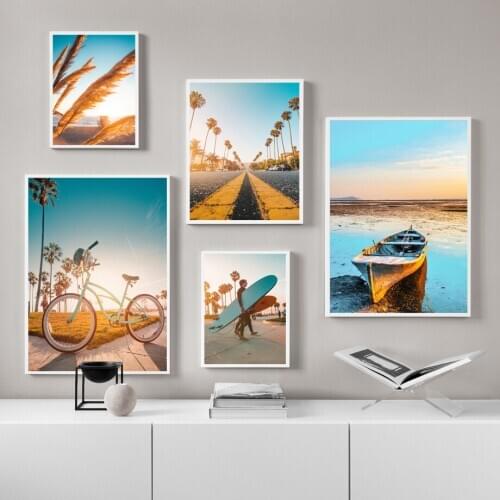 Surf Coconut Tree Boat Bicycle Dry Grass Wall Art Canvas Painting Nordic Posters And Prints Wall Pictures For Living Room Decor