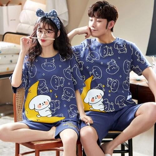 Cotton Couple Pajamas Set Casual Korean Summer Short Sleeve Lovers Homewear Fashion Navy Blue Cartoon Kawaii Femme Sleepwear