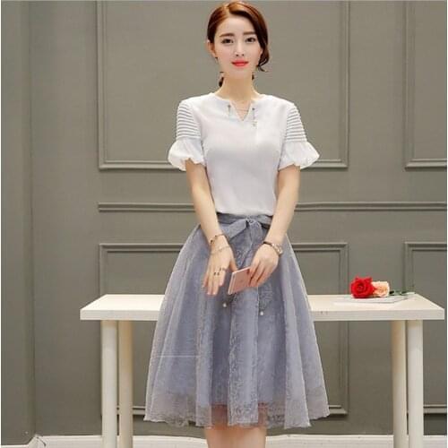 2018 summer Korean style two pieces of dress Suits , short sleeved and popular skirt, Eugen yarn, pure color summer dress Suits
