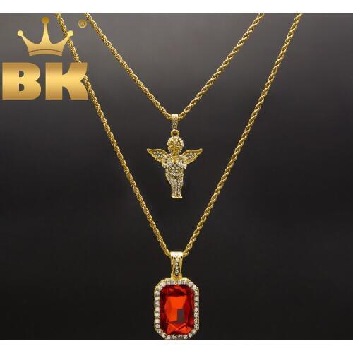 Mens Iced Out Hiphop Mini Red Blue Black Stone Pendant And Mini Jesus Head Bling Baby Angel Piece Wings Penadnt Necklace Set