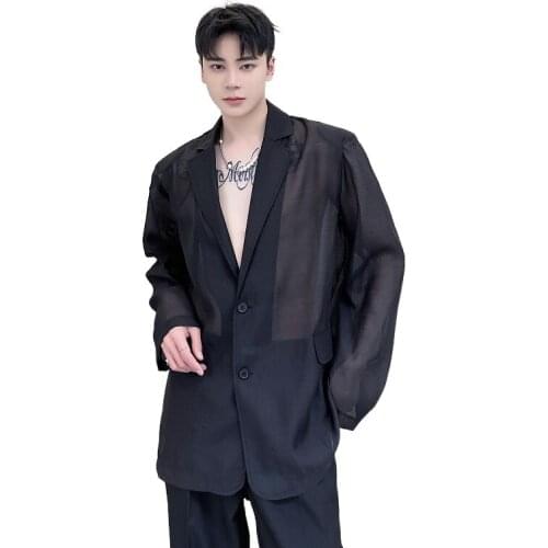 Men Organza Thin See Through Loose Casual Japan Harajuku Streetwear Vintage White Black Suit Blazers Jacket Sun Protection Coat
