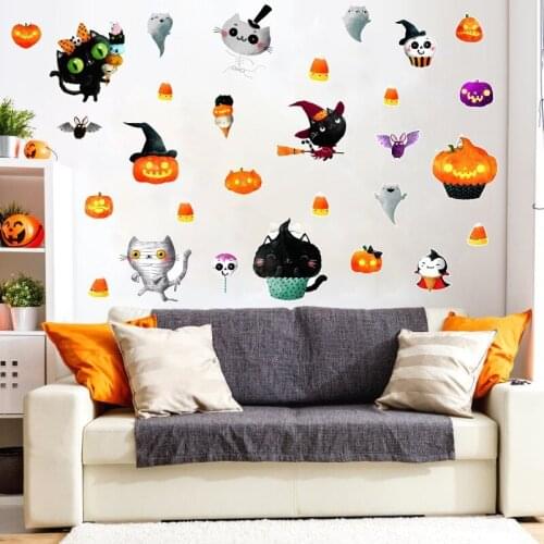 Happy Halloween Wall Stickers Cartoon Pumpkin Black Cat DIY Self-adhesive Kids Room Decor Sticker Halloween Decorations for Home