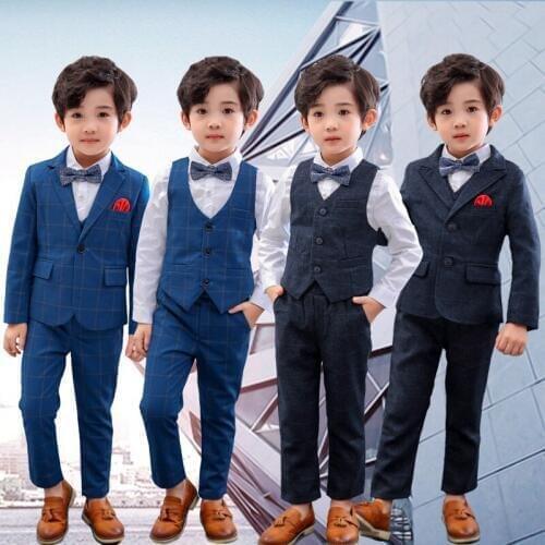 Formal Children Dress Suit Set Spring Autumn Boys Plaid Jacket Vest Pants 3pcs Clothes Set Kids Host Performance Costume