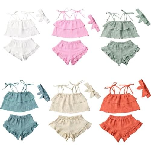Infants Baby Girls Clothes Baby Summer Lace Pleated Sleeveless Ruffle Crop Tops Elastic Short Bow Headband