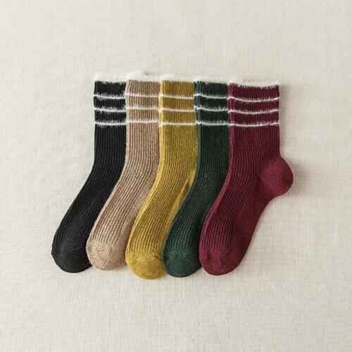 Plain Woman Fuzzy Ankle Socks Girls Striped Cuff Winter Socks Solid Crew Sock Fashion Warm Thick Cotton Socks