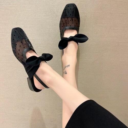 Summer Woman Sweet Flat Sandals Slingback Mules Mesh Bowtie Cover Toe Sandalis Calzado Luxury Slip Ons Flats Shoes Loafers