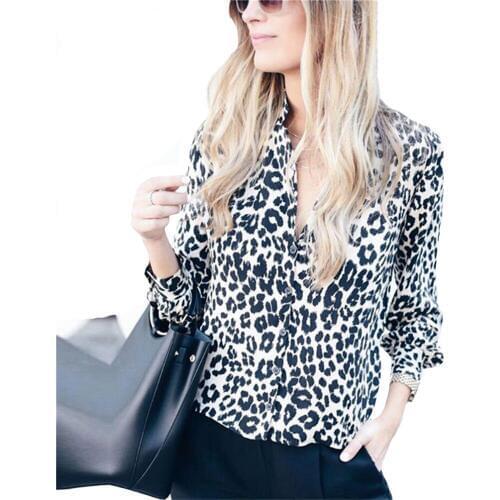 Sexy Chiffon Blouse Leopard Print Deep V-neck Collar Lady Office Long Sleeve Shirt Tunic Casual Button Tops Plus Size Blouse