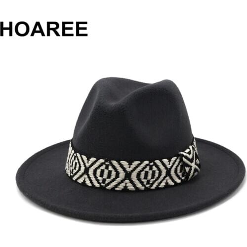 HOAREE Women Men Fedoras Indy Hat Black Vintage Jazz Hat Autumn Winter Woolen Panama Cap Outdoor Brand Male Female Trilby Hat