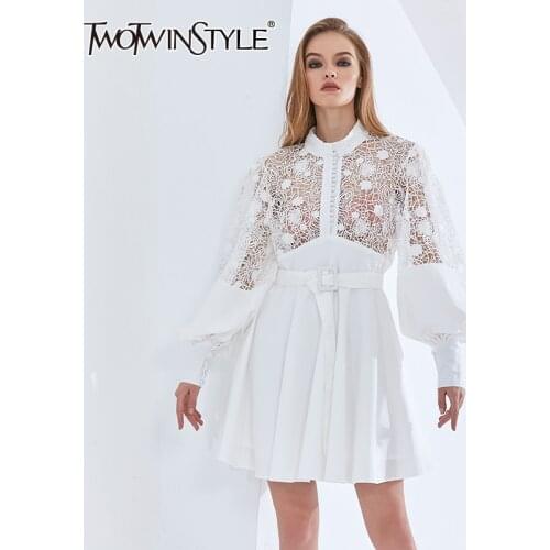 TWOTWINSTYLE Sexy Patchwork Lace Dress For Women Stand Collar Lantern Sleeve High Waist Hollow Out Midi Dresses Female 2021 New