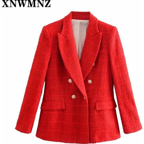 Autumn women fashion coat Double Breasted Notched Collar Suits jacket Long Sleeve Textured Outerwear tweed Blazer lady Za 2021