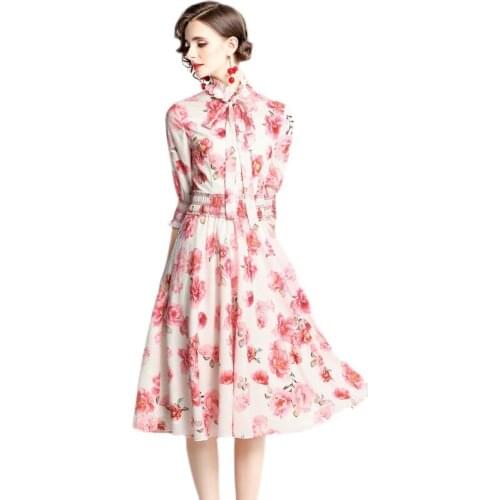 Summer Runway Fashion Vintage Style Bow Neck Short Sleeve Floral Printing Chiffon Holiday Women Dresses k6661