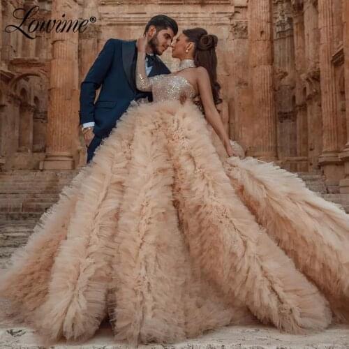 Champagne One Shoulder Prom Dresses Long Tiered Tulle Party Gowns 2021 Dubai Beaded Arabic Evening Dress Abiye Robe De Soiree
