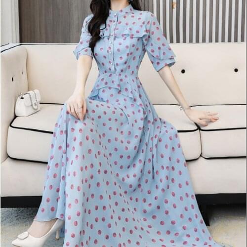 2021 Elegant Vintage Dot Print Ruffle Womens workwear Button 3XL Short Sleeve Bohe OL Basic Blue Female Summer Vestidos Dress
