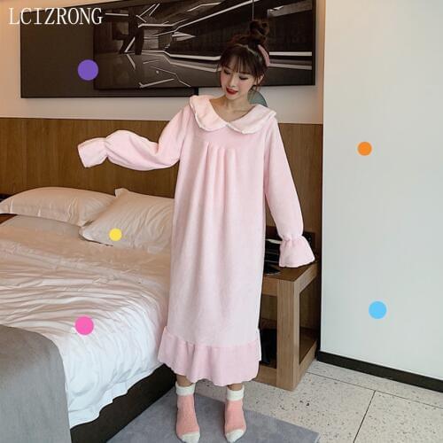 Winter Solid Warm Loose Night Dress Women Cute Pink Home Dress Nightwear for Female O Neck Long Sleeve Night Gown Sleepwear
